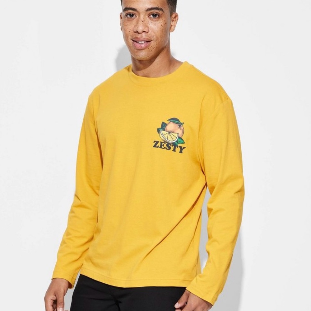 Men's Long Sleeve T-Shirt Yellow : Cotton Crew Neck, Lightweight Jersey Pullover
